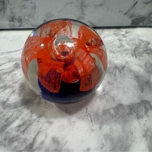 Murano Style Inspired Coral/Blue Flower Art Glass Paperweight Controlled Bubbles